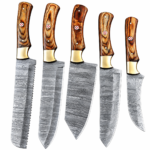 5-Piece Damascus Pattern Kitchen Knife Set showing five assorted silver-gray wave-patterned blades with brown wood-grain handles, gold-tone bolsters and circular decorative fittings