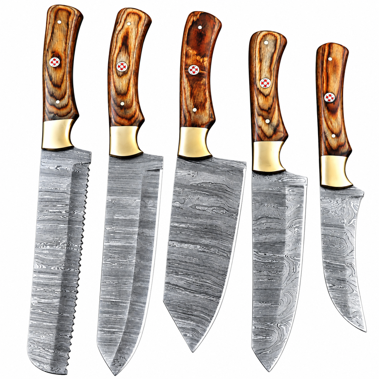 5f5fd508-de48-4ab3-ae5a-0b4938fd3390 5-Piece Damascus Pattern Kitchen Knife Set showing five assorted silver-gray wave-patterned blades with brown wood-grain handles, gold-tone bolsters and circular decorative fittings