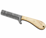Damascus Pattern Cleaver Knife with broad squared-tip blade, black-and-silver layered wave design and curved cream-colored handle with three gold-colored pins.