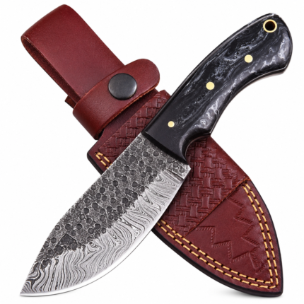 Black Marble Handle Damascus Pattern Hunting Knife with dual-textured silver blade, gold-tone pins and reddish-brown embossed sheath.