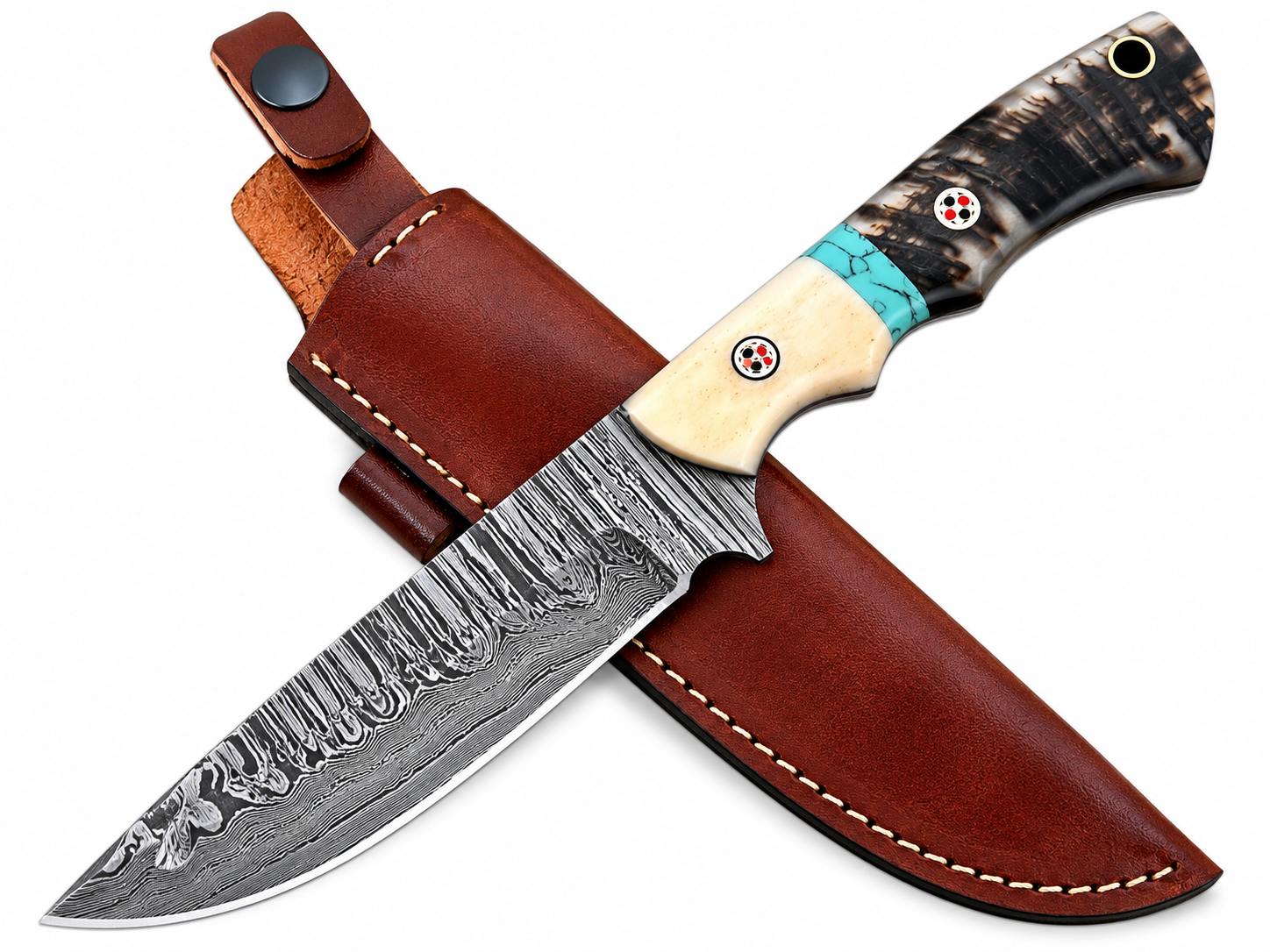 Turquoise Accent Damascus Hunting Knife with a silver-and-black patterned blade, cream-and-dark textured handle, blue marbled spacer, decorative mosaic pins, and a brown stitched sheath.