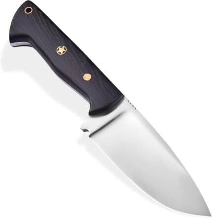 Fixed Blade Hunting Knife with polished drop-point blade, black wooden handle, decorative brass-colored star pin, and contoured grip.