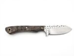Decorative filework hunting knife with satin silver blade, dark crosshatched markings, brown wood-grain handle, brass-colored pins and rear lanyard hole.