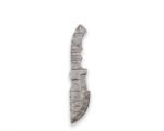 Damascus Pattern Hunting Knife Making Kit showing a curved patterned blade blank with drilled tang holes, brown wooden-style handle scales, gold-colored pins and reddish-brown stitched sheath.