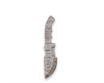 Damascus Pattern Hunting Knife Making Kit showing a curved patterned blade blank with drilled tang holes, brown wooden-style handle scales, gold-colored pins and reddish-brown stitched sheath.