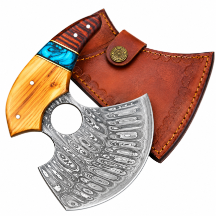Damascus Pattern Ulu Knife with wide crescent blade, silver wave patterns, multi-color wooden handle, turquoise-blue accent, and large central opening