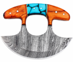 Double Handle Damascus Pattern Ulu Knife with curved black-and-silver blade, brown wood-grain handles, turquoise center panel and stitched sheath
