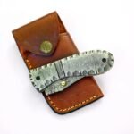 Damascus Steel Handle Folding Knife with Curved Patterned Blade, Textured Silver Metal Handle, Decorative Rivets and Brown Leather Pouch