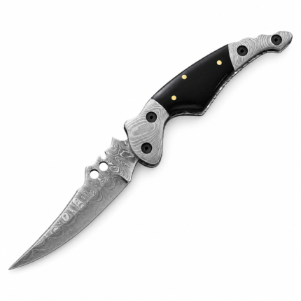 Damascus Style Folding Pocket Knife showing long curved blade, gold-colored handle pins and patterned metal end fittings
