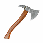 Dark brown Viking axe sheath featuring decorative embossed borders, golden-brown stitching and silver-colored snap fasteners