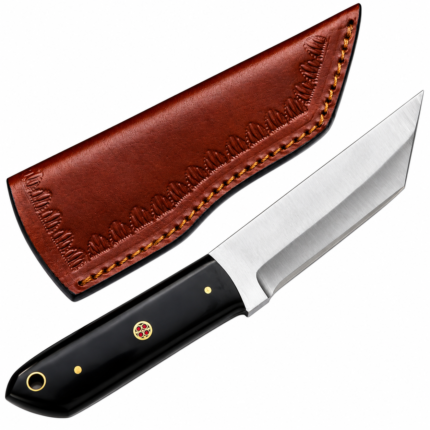 Black Handle Clip Point Knife featuring a satin silver angular blade, gold-colored decorative handle pins and a brown embossed stitched sheath