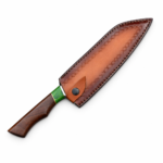Damascus Pattern Chef Knife with wide silver-gray patterned blade, copper-colored edge accent, green spacer, and dark brown wooden handle