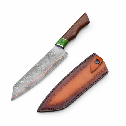 Damascus Pattern Chef Knife with wide silver-gray patterned blade, copper-colored edge accent, green spacer, and dark brown wooden handle