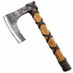 Rustic Bearded Viking Axe with broad weathered silver-grey head, golden-brown wood-grain handle and dark diagonal wrapping