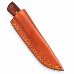 Fixed blade knife with a reddish-brown wood-grain handle, four gold-tone pins, and a lanyard hole beside a metal ruler.