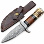 Damascus Hunting Knife with patterned silver blade, curved metal guard, brown wood-look handle, black spacers, and cream antler-style end