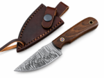 Damascus Steel Hunting Knife with patterned fixed blade, brown wooden handle, decorative mosaic pin, and stitched leather-style sheath.