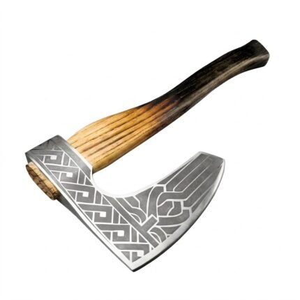 Engraved Viking Bearded Axe with silver-gray Nordic geometric patterned blade, curved bearded axe head and two-tone wooden handle on a white background.