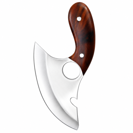 Curved Blade Skinning Knife with Wide Satin Silver Crescent Blade, Dark Brown Wooden Handle and Circular Finger Opening