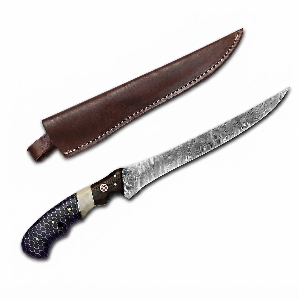 6b816483-9e61-406b-b405-7bc4bfbbb429 Purple honeycomb fillet knife with a slender gray patterned blade, segmented dark handle, pale divider, and decorative pin beside a brown stitched sheath.
