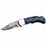 Blue Carbon Damascus Folding Knife shown open with silver-gray patterned blade, copper-colored edge accent, polished bolster and blue-black woven-style handle