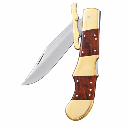 Brass & Wood Folding Bowie Knife open view with satin silver blade, gold-tone crossguard and reddish-brown handle