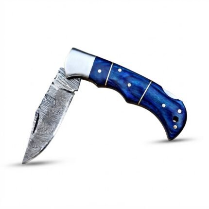 Blue Handle Damascus Folding Knife with silver-gray patterned blade, polished silver bolster, blue-purple handle and dark brown carrying pouch.