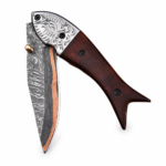 Engraved Bolster Damascus Folding Knife with patterned curved blade, copper-colored accent, dark brown wood-look handle and embossed brown carrying pouch.