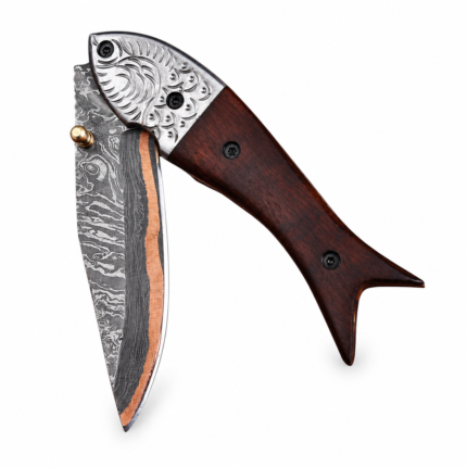 Engraved Bolster Damascus Folding Knife with patterned curved blade, copper-colored accent, dark brown wood-look handle and embossed brown carrying pouch.