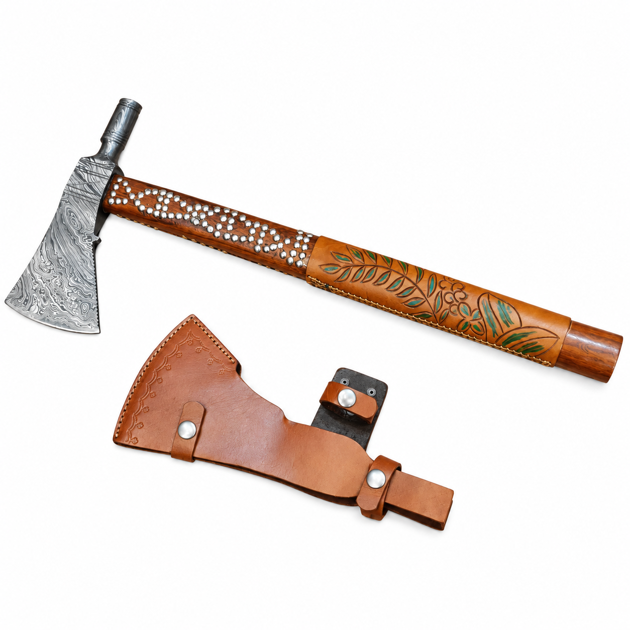 6d62046c-7b86-4e89-a3b8-1eaa98d1ac01 (1) Viking Axe with Leather Sheath featuring patterned metallic blade, studded wooden handle and decorative brown blade cover
