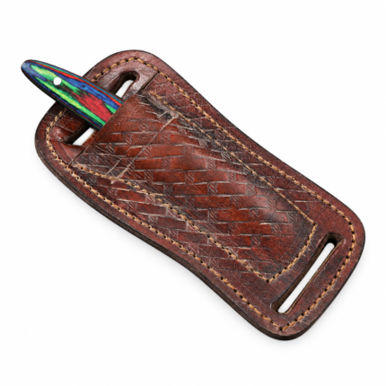 Multicolored striped knife handle protruding from a brown textured sheath with decorative stitching and elongated openings.