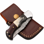 Damascus Horn Handle Folding Knife with Wave Pattern Blade, Cream Horn-Style and Dark Wooden Grip, Silver Bolster and Brown Leather Pouch