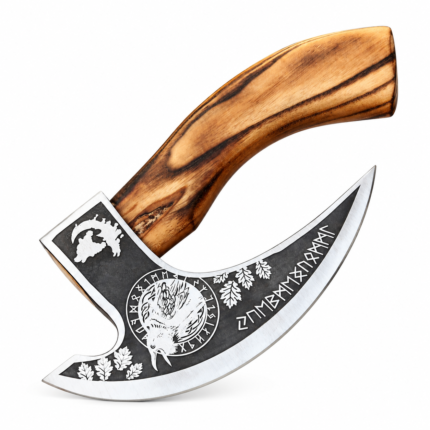 Viking Raven Axe with Norse rune engravings, black and silver crescent-shaped blade, detailed raven artwork, and curved wooden handle.