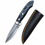 Black Marble Handle Hunting Knife with silver-gray fixed blade, metal bolster, two handle pins, lanyard hole and black sheath with orange stitching.