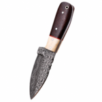 Two Tone Damascus Hunting Knife with a silver-and-charcoal patterned blade, dark brown wood-look handle, cream-colored front section and red divider