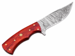 Red Handle Damascus Bowie Knife with a silver-gray patterned pointed blade, reddish-brown wood-grain handle, gold-tone pins and decorative mosaic fitting