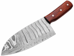 Damascus Pattern Chef Knife with wide silver-gray patterned blade, reddish wood-grain handle, three metallic pins and matching embossed brown sheath.
