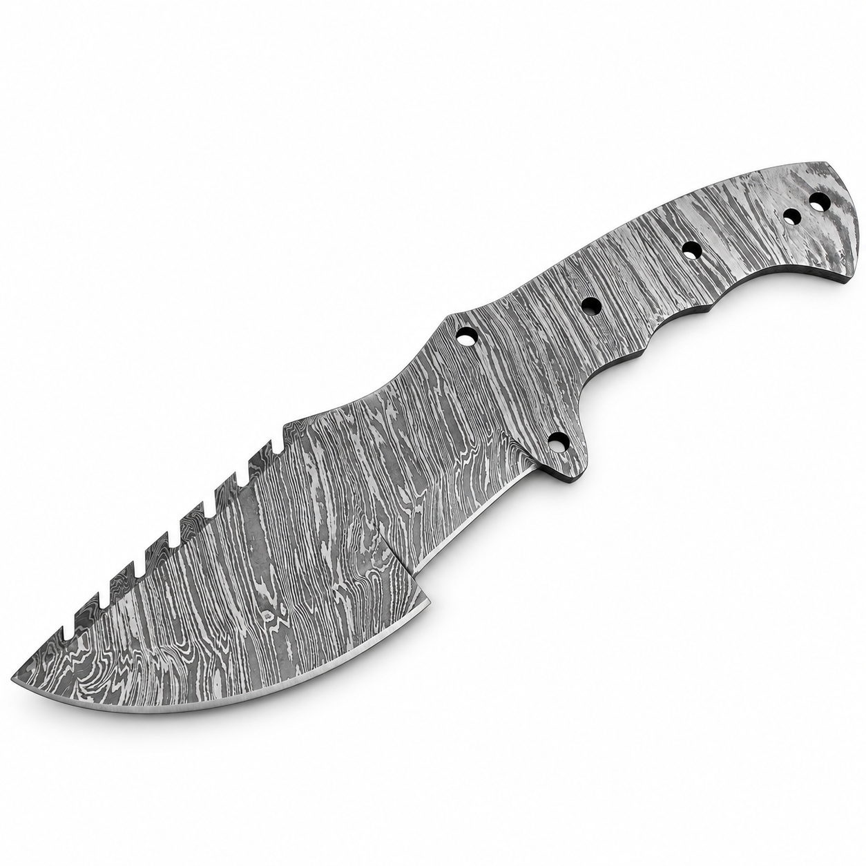 Damascus Pattern Full Tang Knife Blank with a broad curved blade, notched spine, six circular handle holes, and exposed finger-contoured metal tang