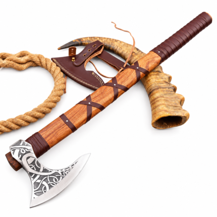 Long brown wood-grain Viking axe handle with decorative leather-style crisscross straps and dark wrapped end section
