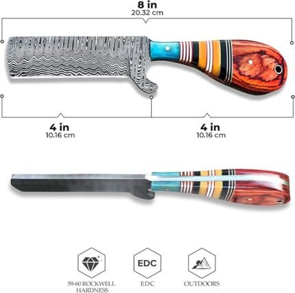 Red-brown decorative fixed blade knife handle with contrasting blue accent and wood-inspired appearance