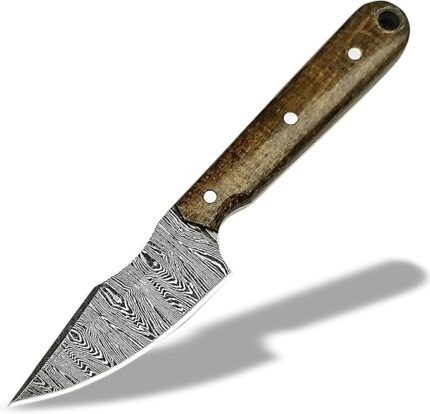 Damascus Pattern Fixed Blade Knife with pointed silver-and-dark blade, brown wood-grain handle, three pins and a rear lanyard hole
