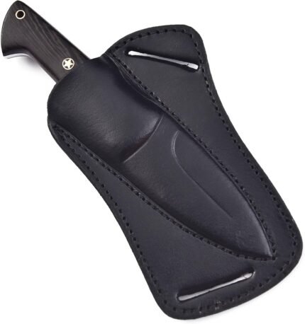 Fixed Blade Hunting Knife with polished drop-point blade, black wooden handle, decorative brass-colored star pin, and contoured grip.