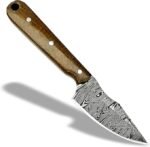 Damascus Pattern Fixed Blade Knife with pointed silver-and-dark blade, brown wood-grain handle, three pins and a rear lanyard hole