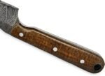 Damascus Pattern Fixed Blade Knife with pointed silver-and-dark blade, brown wood-grain handle, three pins and a rear lanyard hole