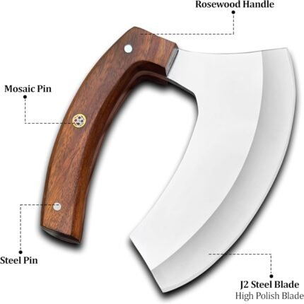 Brown rosewood Ulu knife handle with natural-looking grain, decorative mosaic pin and two silver-colored steel pins