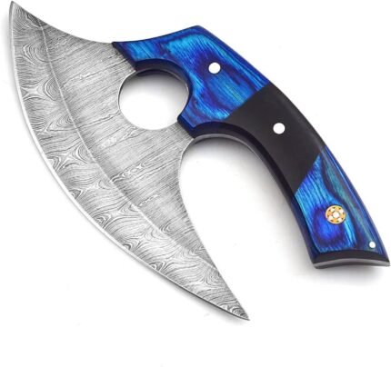 Double Finger Ring Damascus Ulu Knife with curved patterned blade, two circular openings and blue-black decorative handle