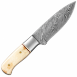 Damascus pattern fixed blade knife with intricate silver-gray blade markings, polished silver-tone bolster, cream ivory-look handle and two gold-colored pins