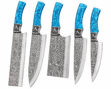 Turquoise Pattern Knife Set showing five blue black-veined handles with ornate silver floral blades in rectangular, cleaver and curved knife shapes