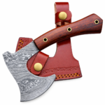 Brown leather-look bearded axe sheath with embossed-style decoration, golden stitching and round metallic fasteners