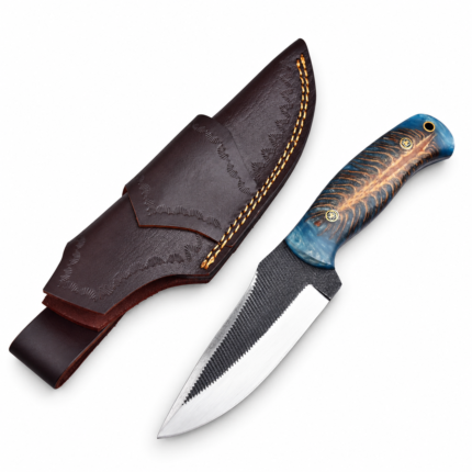 Blue Resin Handle Fixed Blade Knife with black textured blade, polished silver edge, blue-and-brown patterned grip and stitched brown sheath
